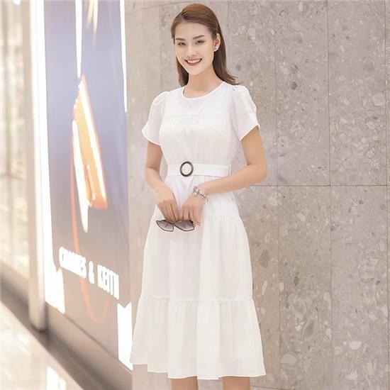 Đầm chiffon xanh ngọc, dáng xòe cổ sam đính cúc Toson